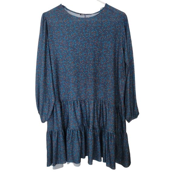 ZARA Blue Floral Tiered Long Sleeve Pullover Tunic Mini Dress Small - Picture 1 of 3